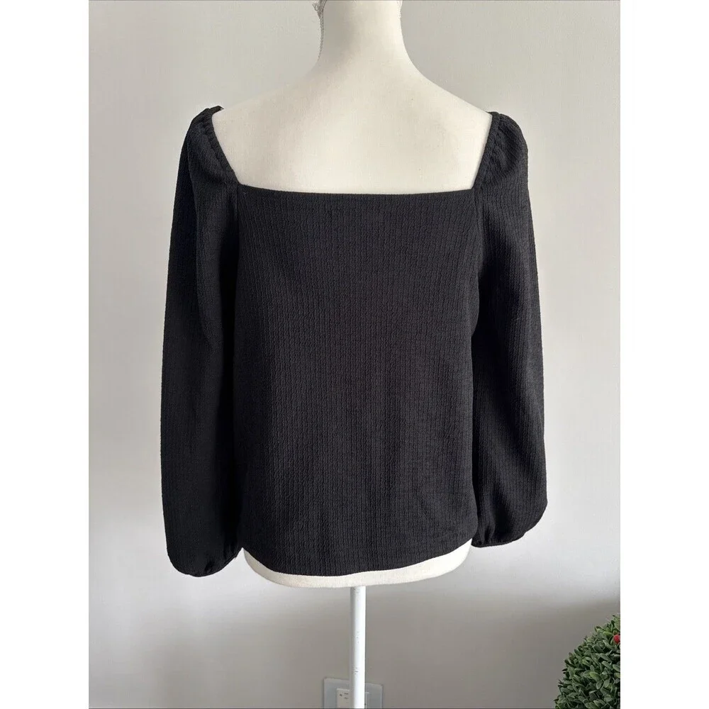Madewell Sz S Crepe Square Neck Puff Sleeve Top Black Polyester Off Shoulder